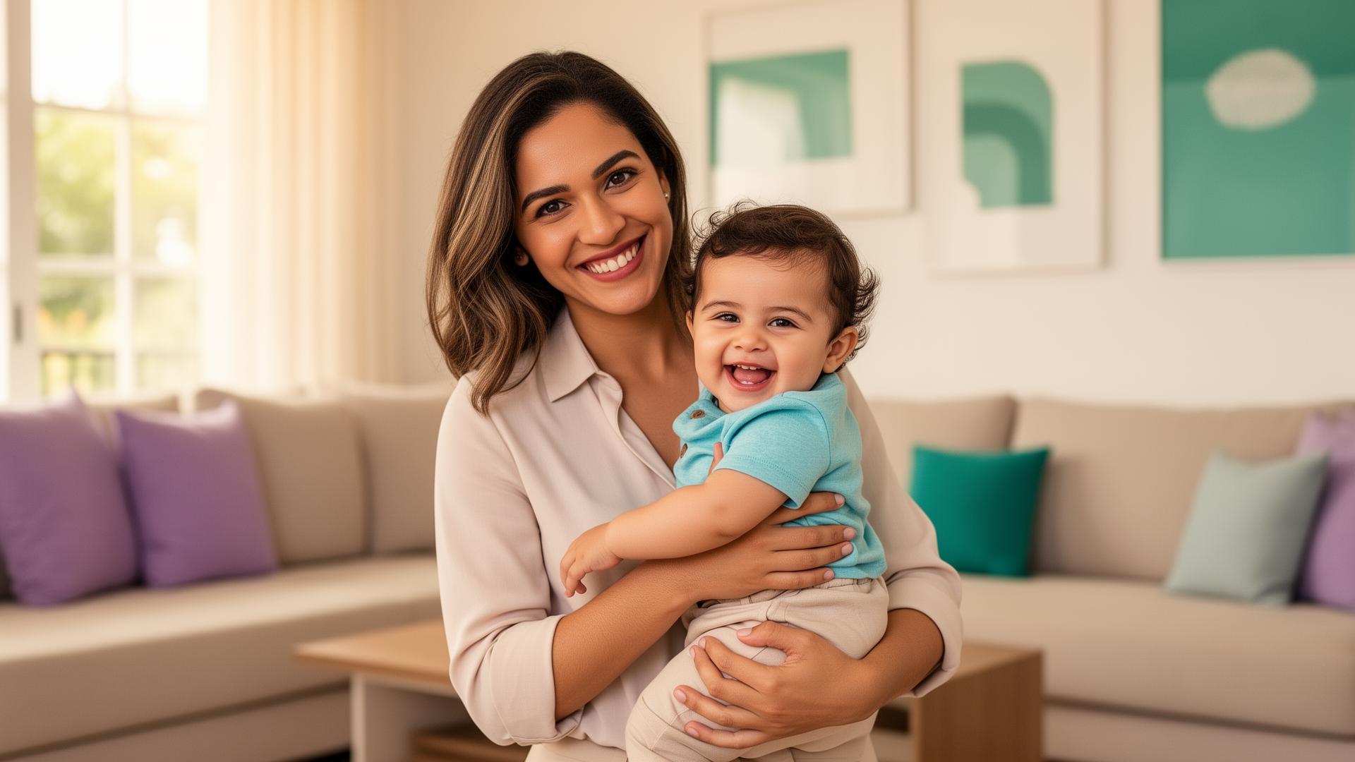 Babá sorridente segurando um bebê feliz em sala de estar clara