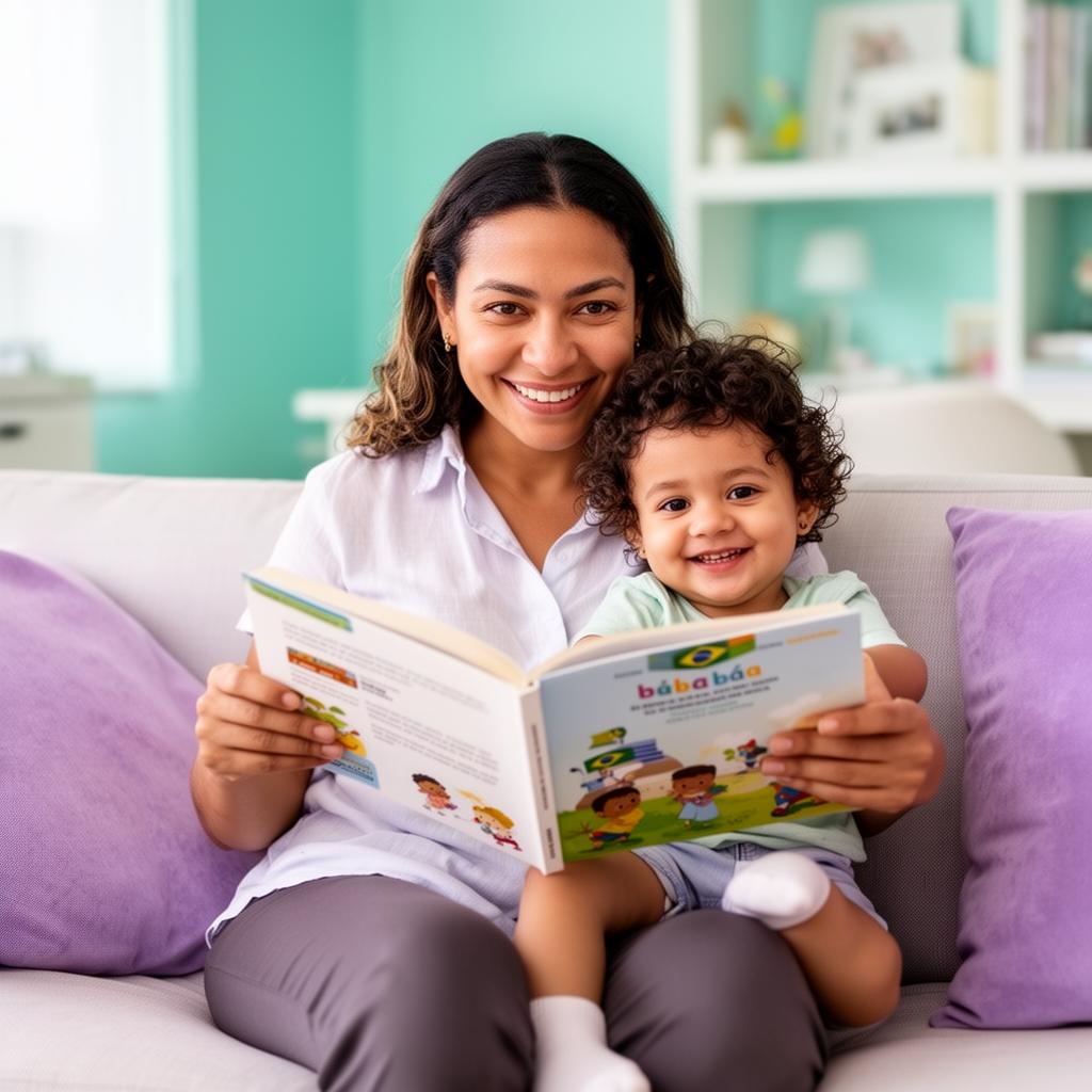 Babá lendo livro infantil com criança no sofá