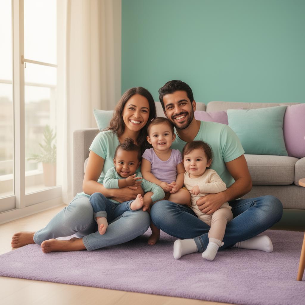 Família feliz com duas crianças em casa