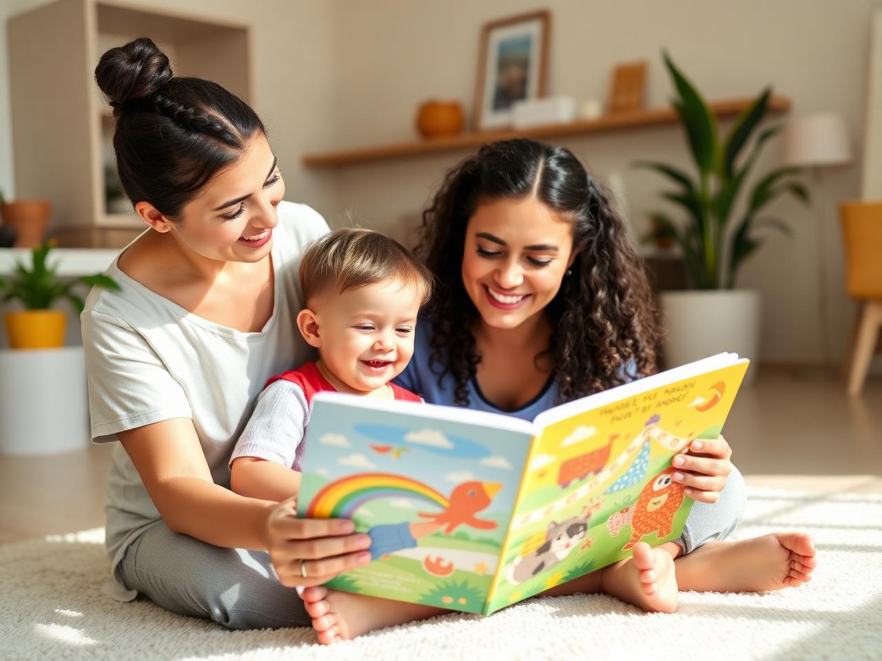 Babá lendo livro com criança no chão
