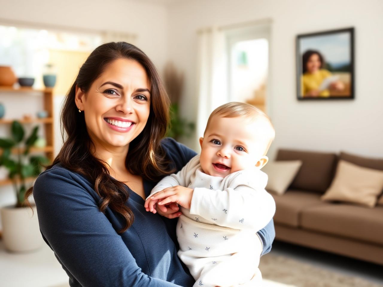 Babá sorridente com bebê no colo em ambiente claro