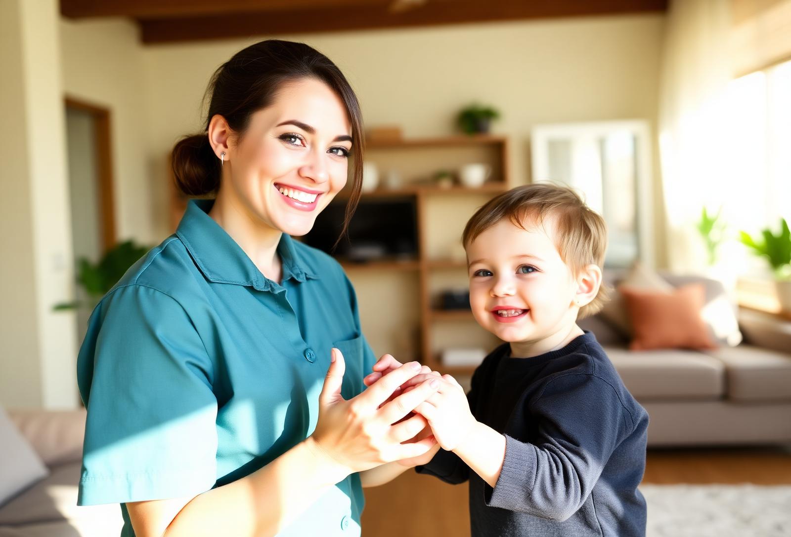 Babá em uniforme teal sorrindo segurando as mãos de uma criança em sala clara