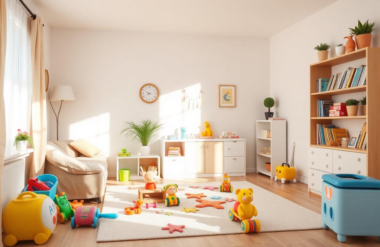Sala de estar aconchegante com brinquedos infantis